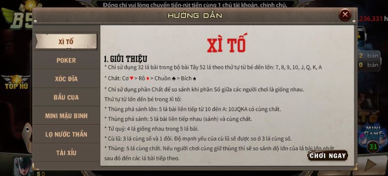 Quy định của tựa game bài xì tố tại B52
